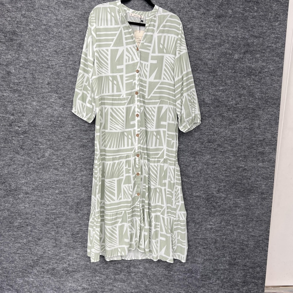 Salty Lemon Dress Womens‎ XL Artichoke Green Geometric Button Front Tiered NWT